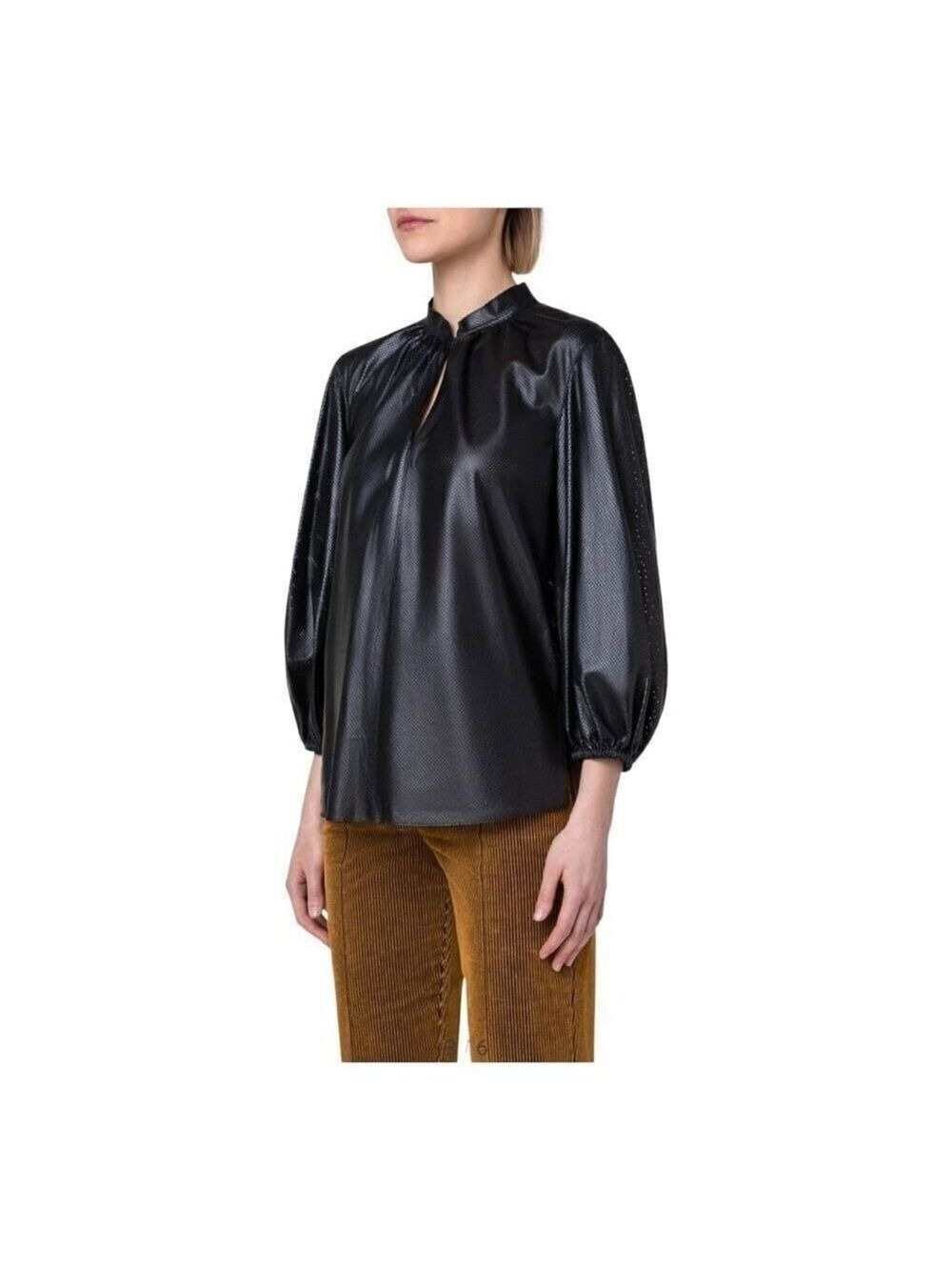 AKRIS Punto perforated Bishop Sleeve Lambskin Leather Blouse Size 6 NWT